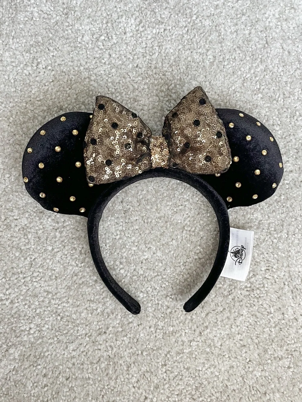 Disney Parks | Black and Gold | Studded Minnie Ear Headband with Gold Sequin Bow